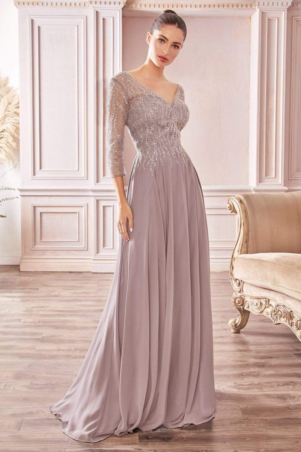 Cinderella Divine - CD0171 Sheer Quarter Beaded Chiffon A-Line Gown - view 4