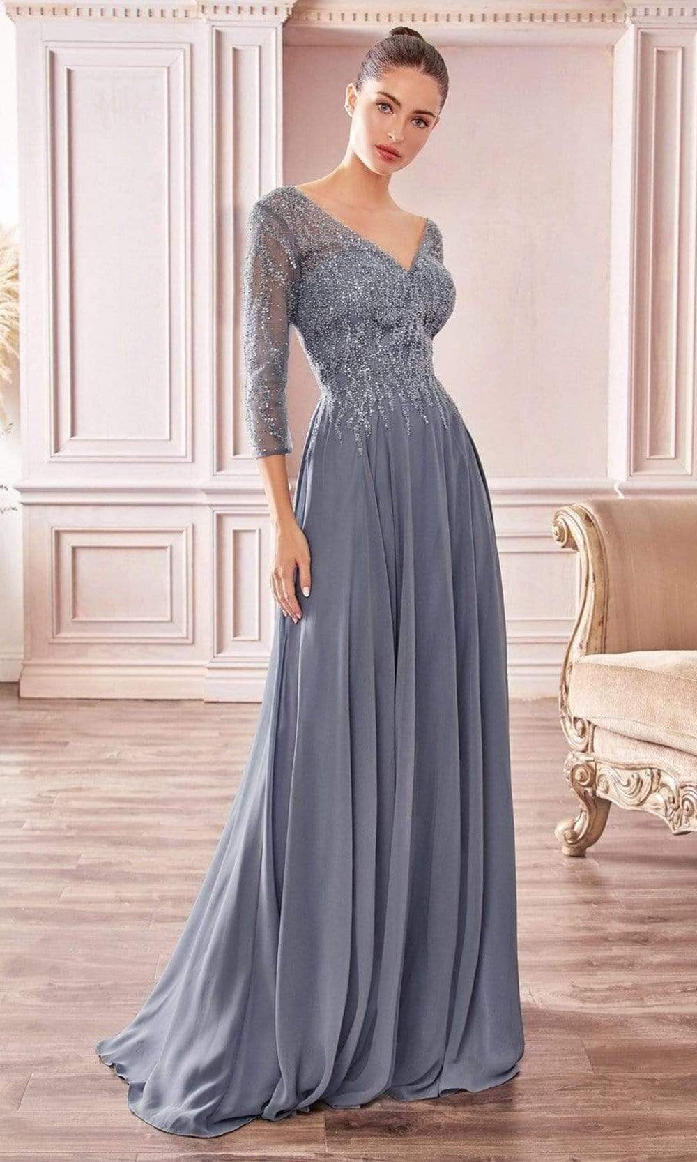 Cinderella Divine - CD0171 Sheer Quarter Beaded Chiffon A-Line Gown - back view