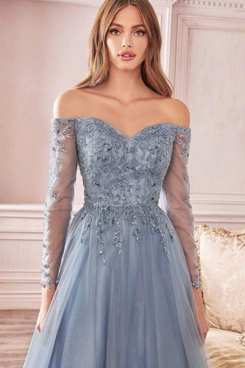 Cinderella Divine - CD0172 Off-Shoulder Beaded Glitter Tulle Gown - view 6