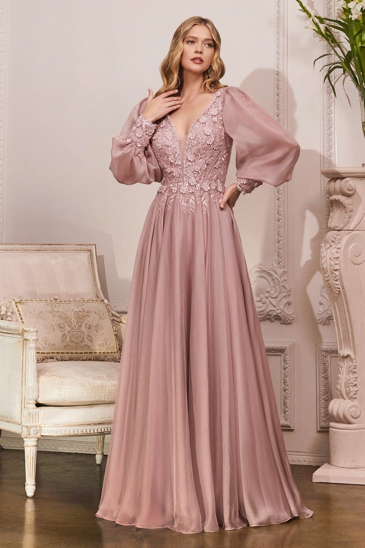 Cinderella Divine CD0183 - Bishop Sleeve Prom Dress - designer mother of the bride dress at Silhouette Dresses