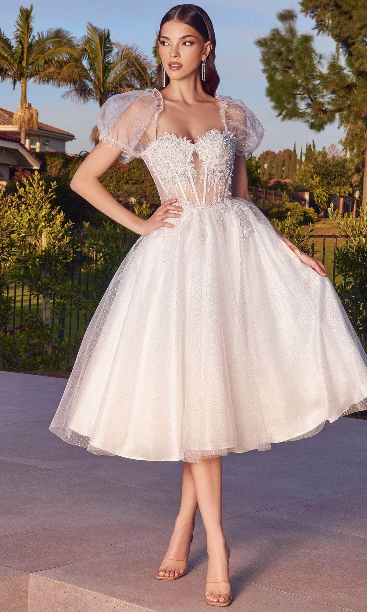 Cinderella Divine CD0187W - Glitter A-line with Puff Sleeves Cocktail Dress - Silhouette Dresses