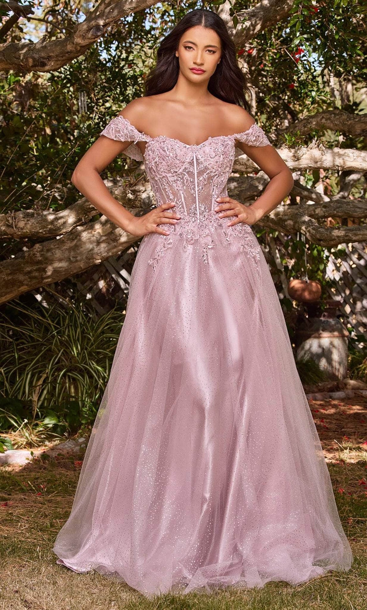 Cinderella Divine CD0198 - Off Shoulder Lace Appliqued Prom Dress - view 9