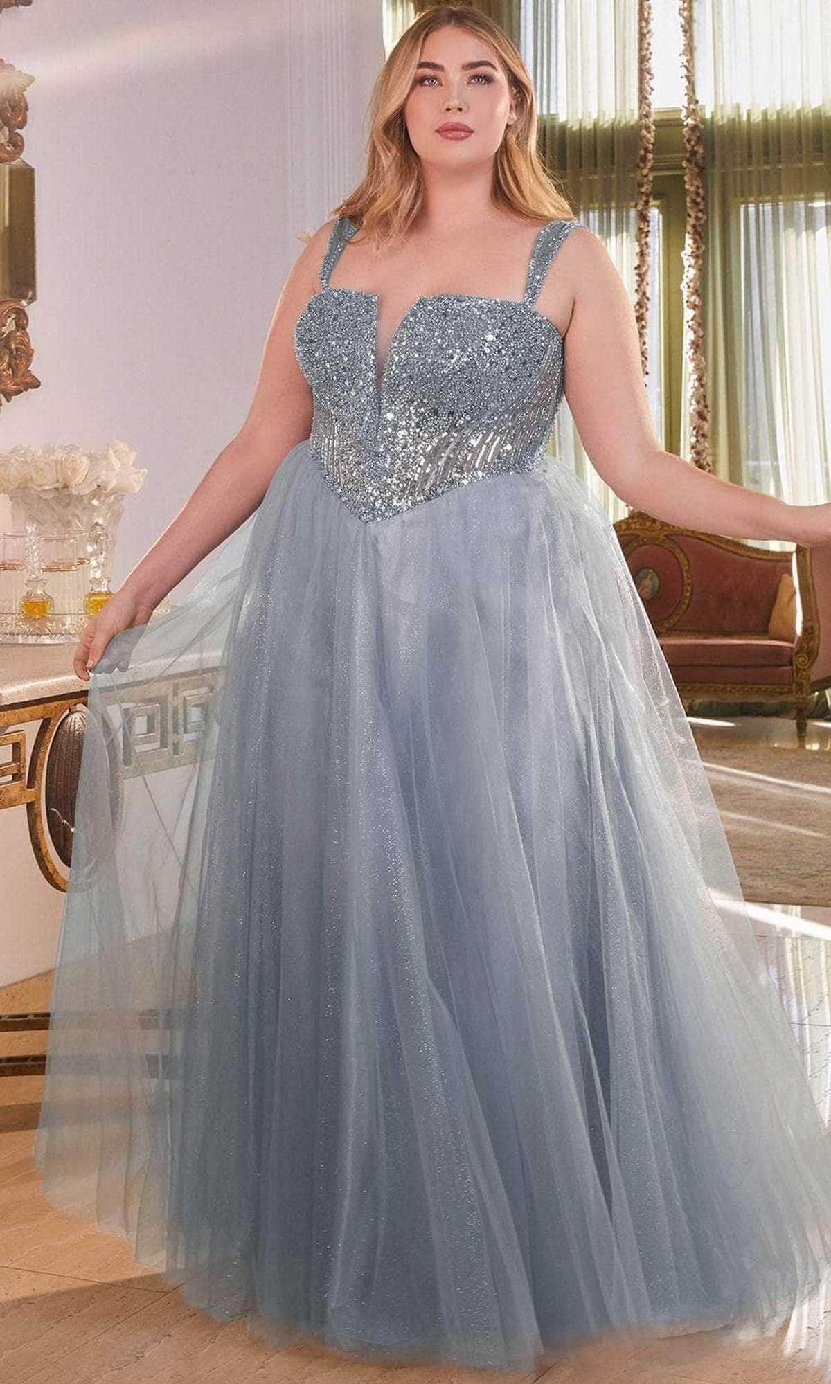 Cinderella Divine CD0217 - Prom Gown with Plunging V-Neck and Basque Waist