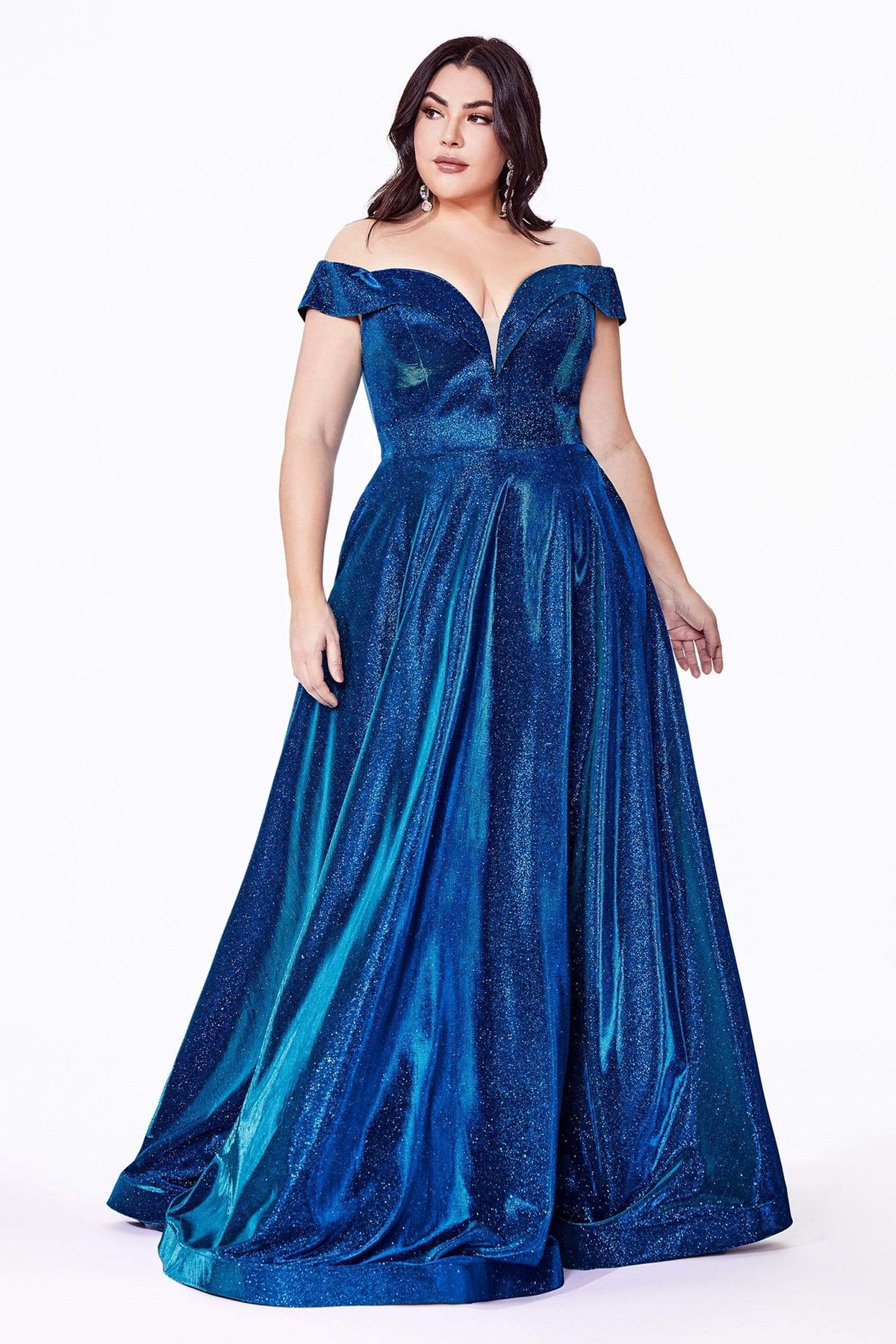 Cinderella Divine - CD210C Metallic Glitter One Shoulder A-Line Gown - Silhouette Dresses