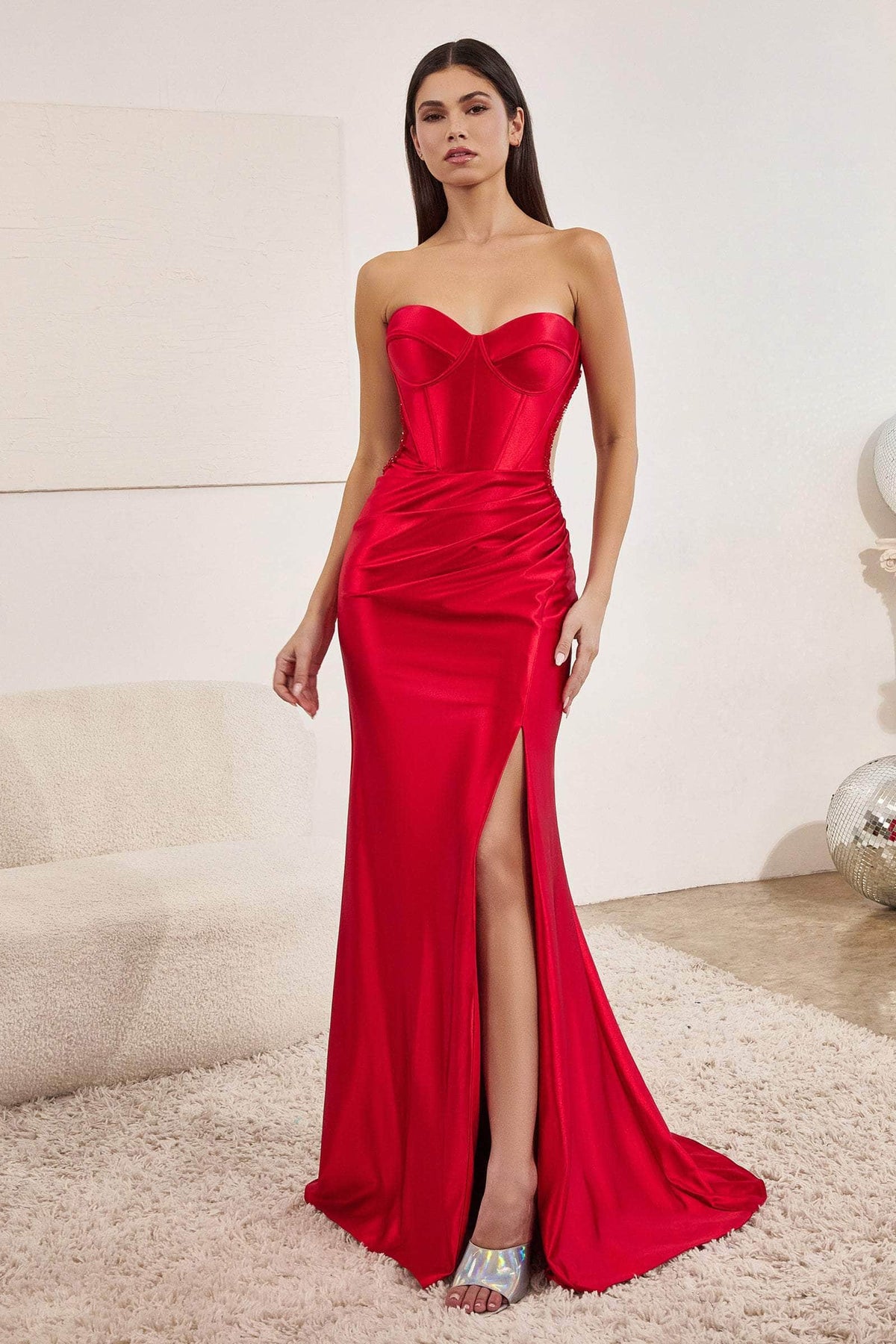 Cinderella Divine CD273 - High Slit Sweetheart Prom Dress - detail view