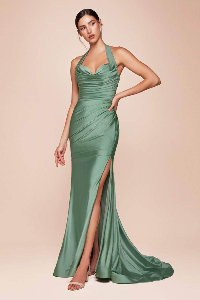 Cinderella Divine CD796C - Ruched Halter Long Gown - detail view