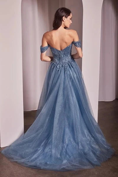 Cinderella Divine CD799 - Floral Embroidered Off-Shoulder Prom Gown - detail view