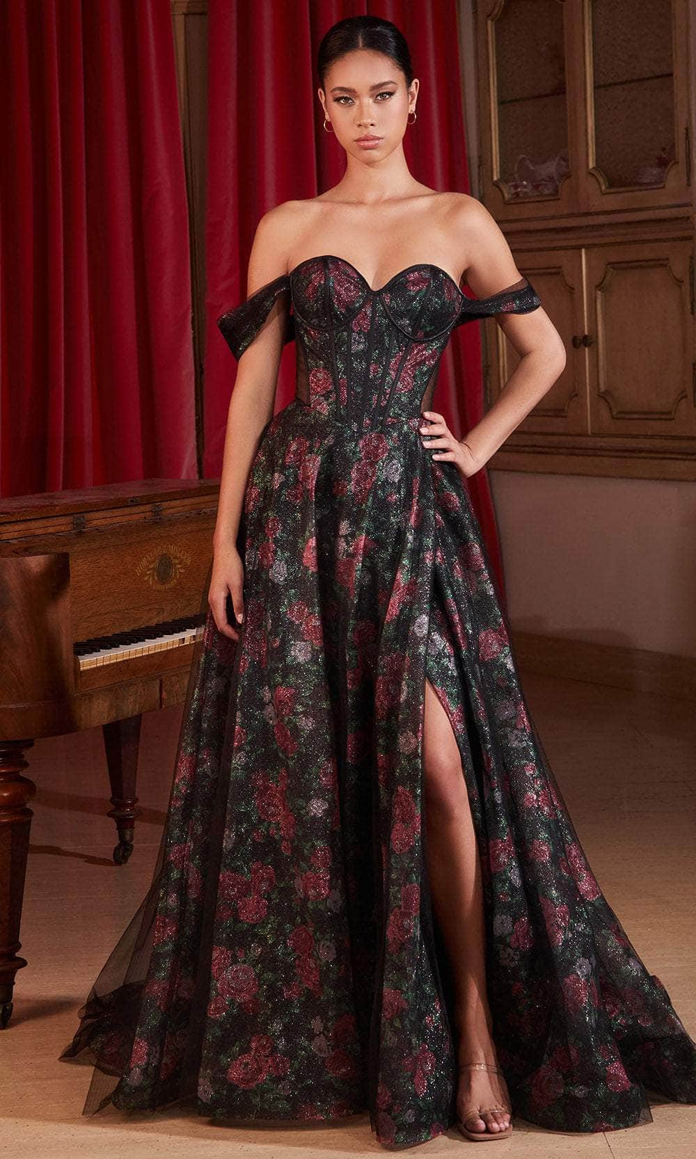 Cinderella Divine CD806 - Off-Shoulder with Sheer Side Panels Prom Dress - designer prom dress at Silhouette Dresses