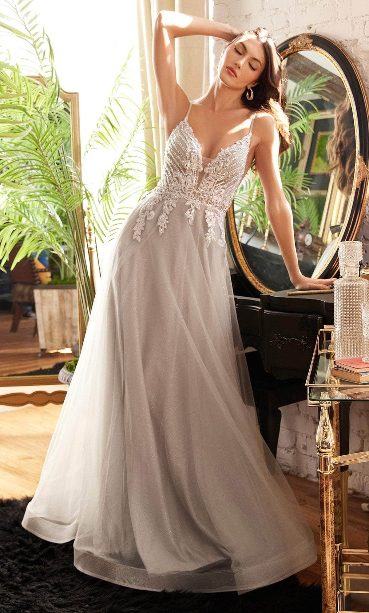 Cinderella Divine CD874 - Long Tulle Prom Dress with Applique Details - view 6