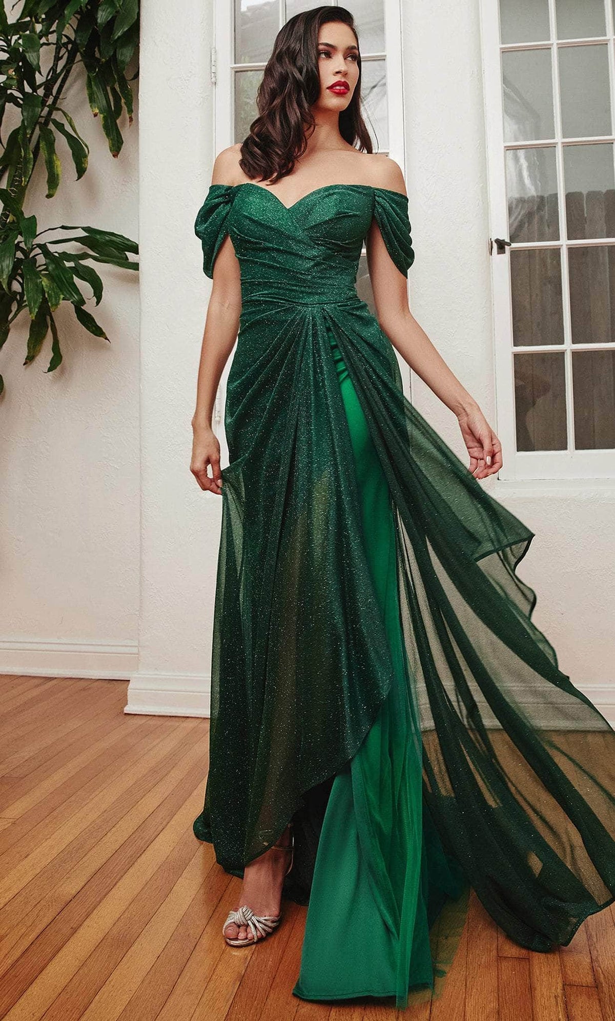 Cinderella Divine CD878 - Off-Shoulder Draped Prom Gown - back view