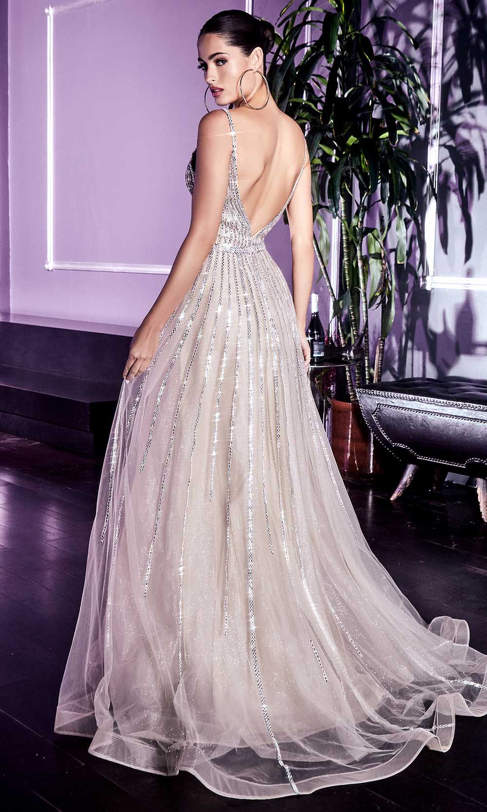 Cinderella Divine - CD940 Metallic Beaded V-Neck Junior Prom Long Gown - back view