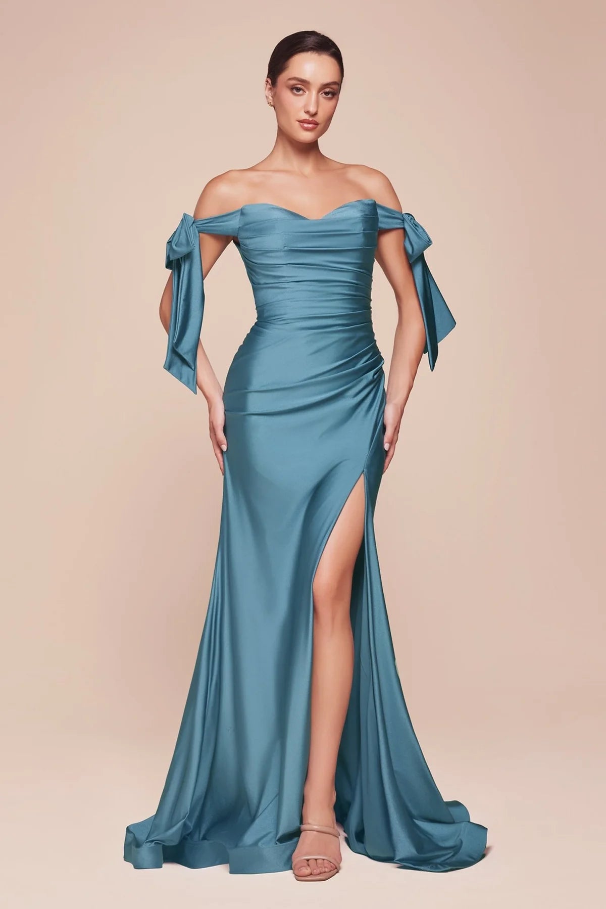 Cinderella Divine - CD943 Off-Shoulder High-Slit Modest Prom Dress - view 13