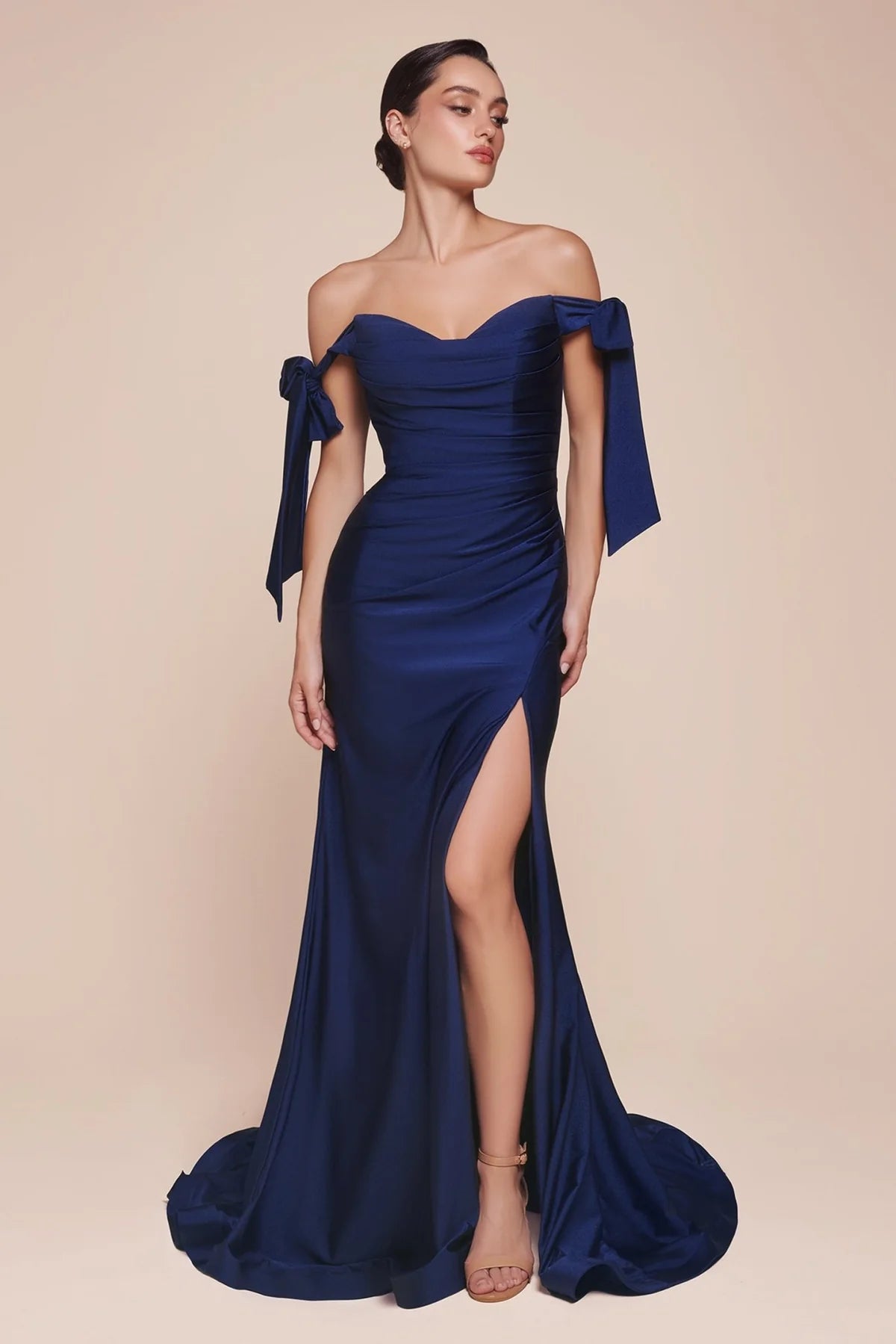 Cinderella Divine - CD943 Off-Shoulder High-Slit Modest Prom Dress - view 9