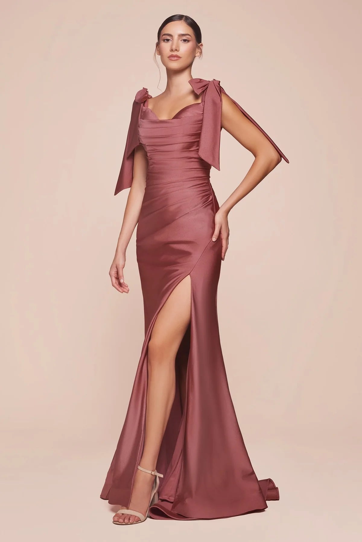 Cinderella Divine - CD943 Off-Shoulder High-Slit Modest Prom Dress - view 11