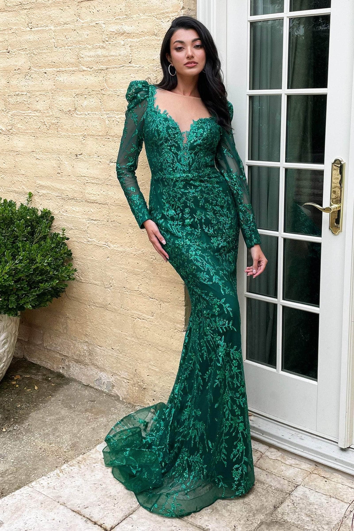 Cinderella Divine CD989 - Glitter Bateau Evening Dress - detail view