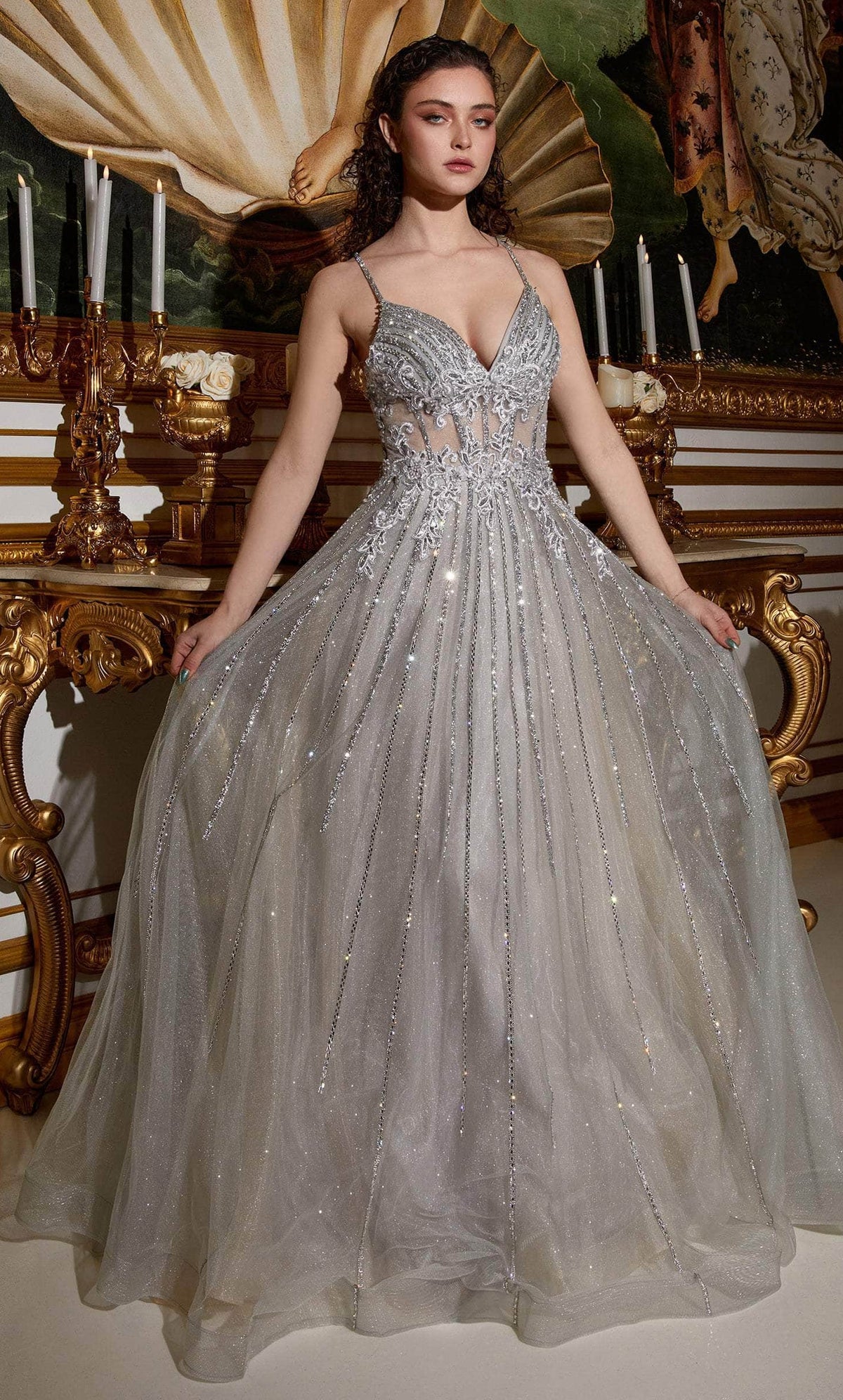 Cinderella Divine CD994 - Floral Deep V-Neck Prom Dress - back view