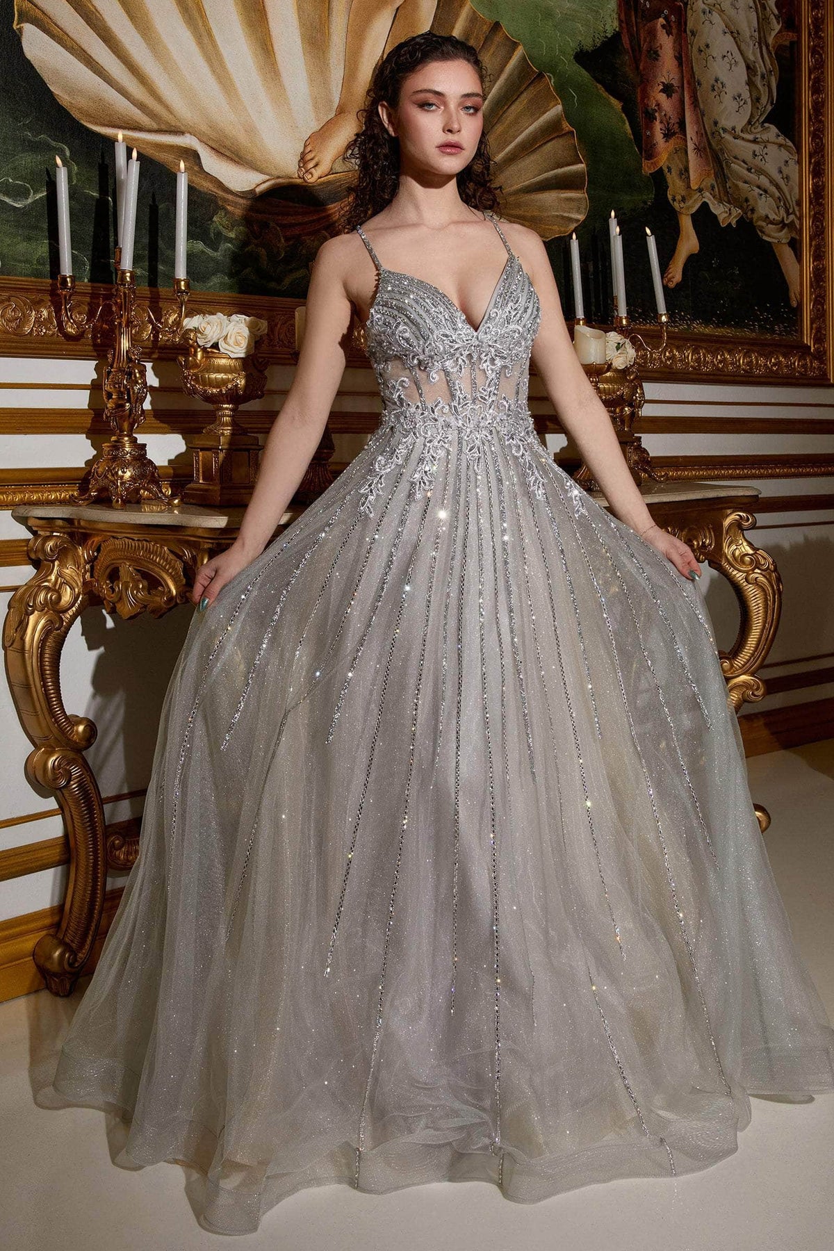 Cinderella Divine CD994 - Floral Deep V-Neck Prom Dress - back view