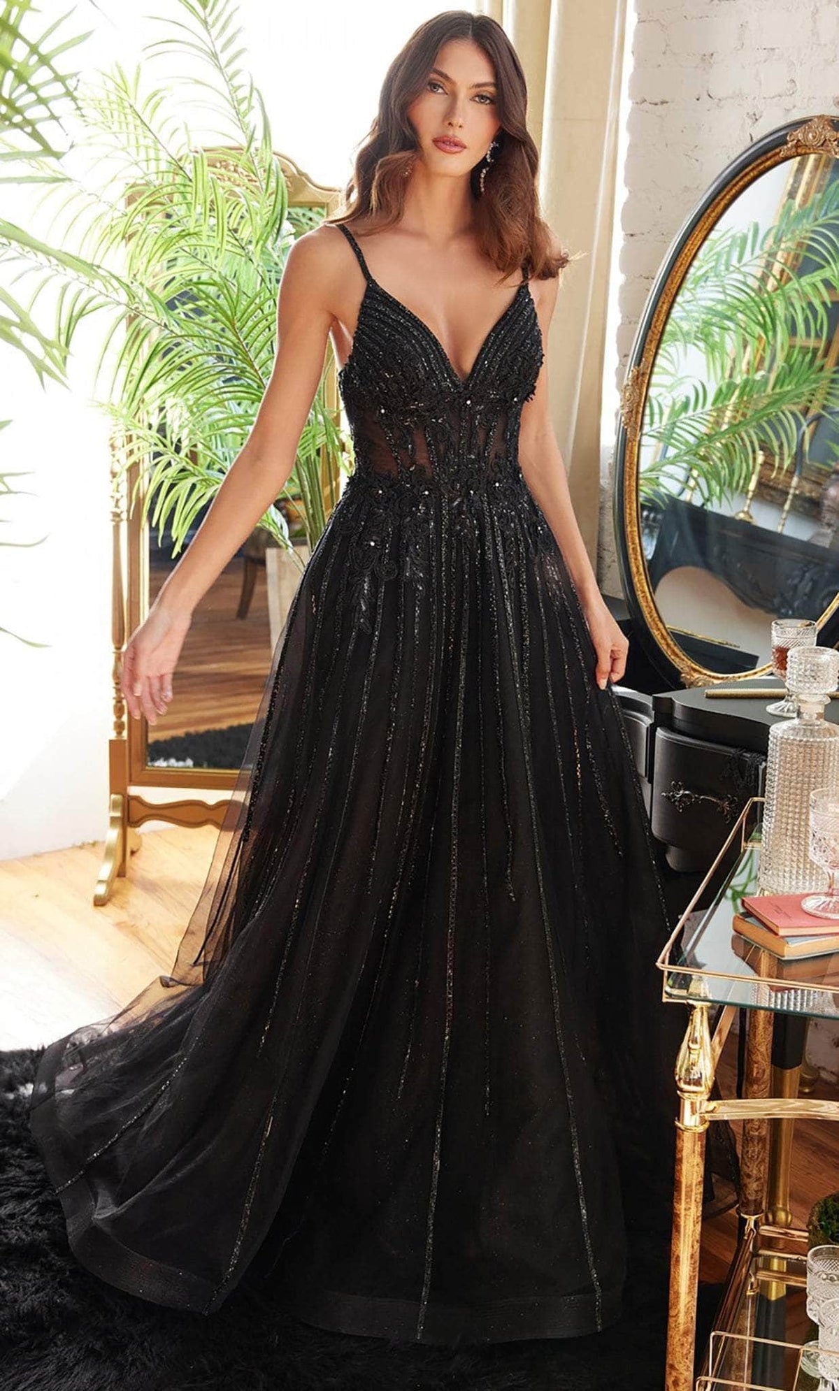 Cinderella Divine CD994 - Floral Deep V-Neck Prom Dress - designer prom dress at Silhouette Dresses
