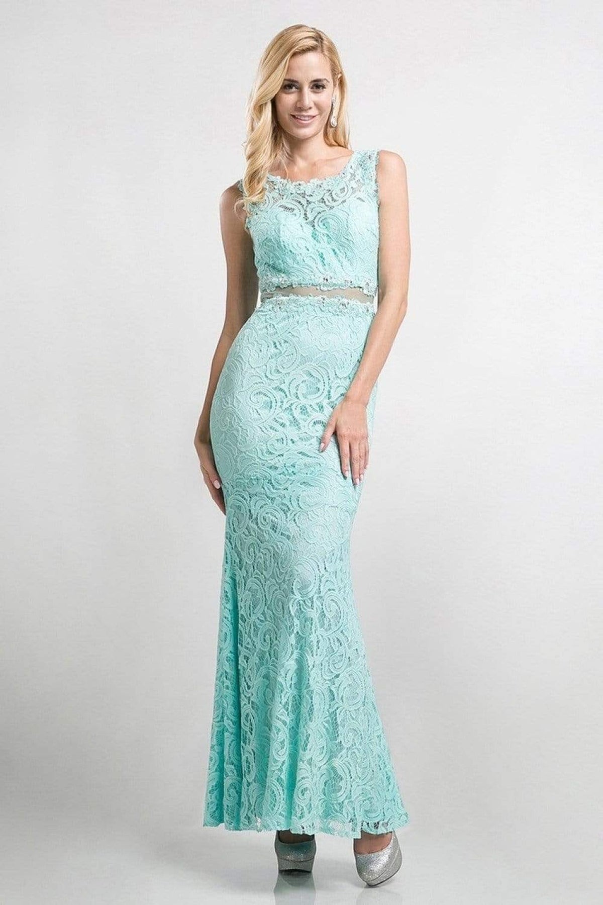 Cinderella Divine - CF067L Floral Lace Mock Two-Piece Sheath Long Formal Dress