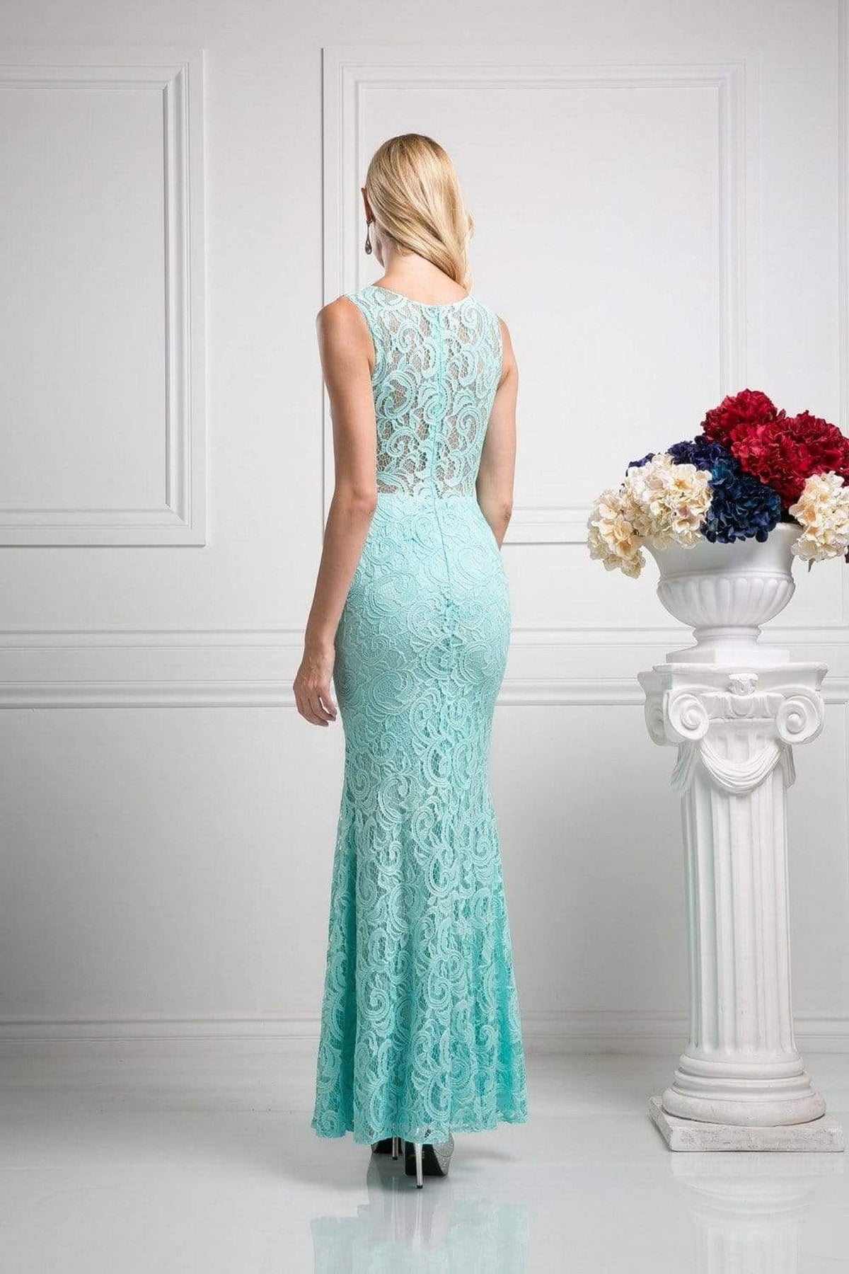 Cinderella Divine - CF067L Floral Lace Mock Two-Piece Sheath Long Formal Dress