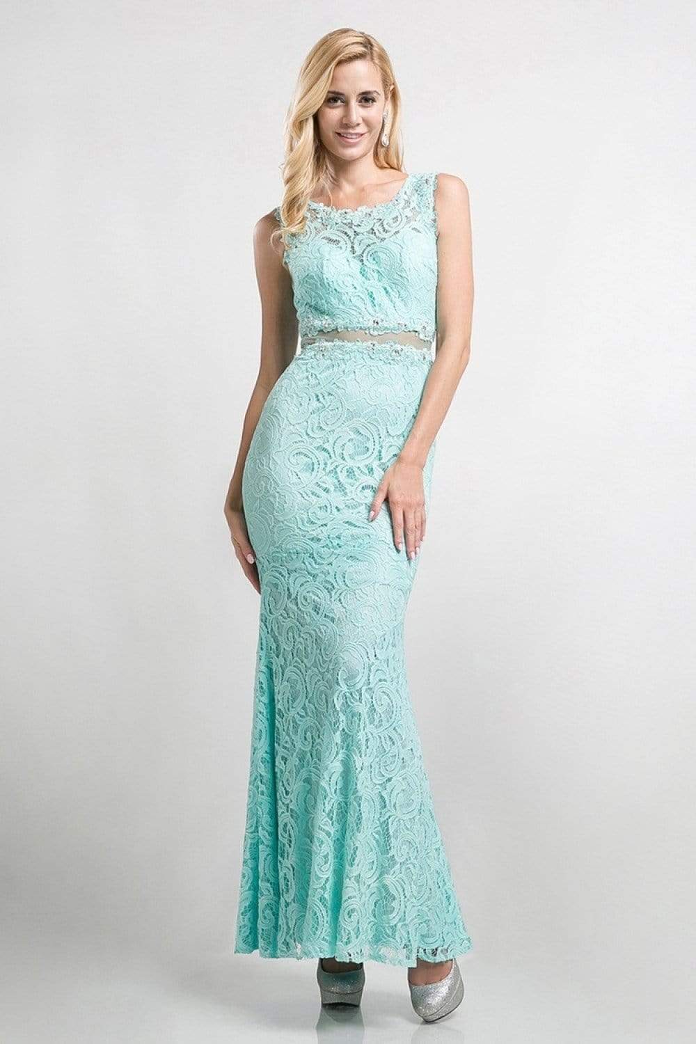 Cinderella Divine - CF067L Floral Lace Mock Two-Piece Sheath Long Formal Dress - view 6