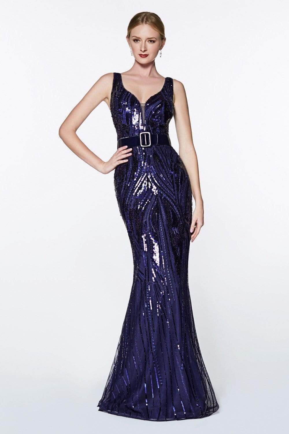 Cinderella Divine - CH552 Sequined Deep V-neck Trumpet Dress - detail view