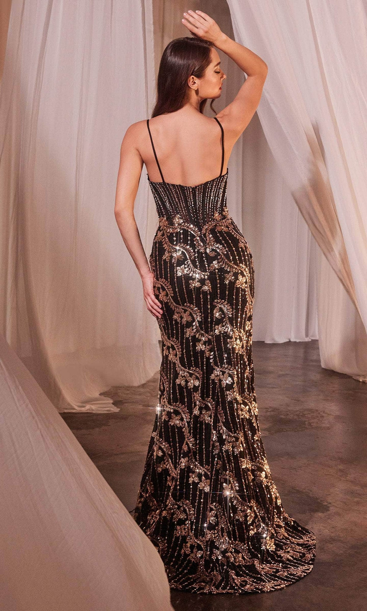 Cinderella Divine CM358 - Sleeveless Gold Glamor Evening Gown - detail view