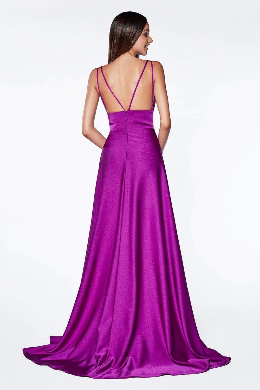 Cinderella Divine - CS034 Plunging V-neck A-line Gown With Train - back view