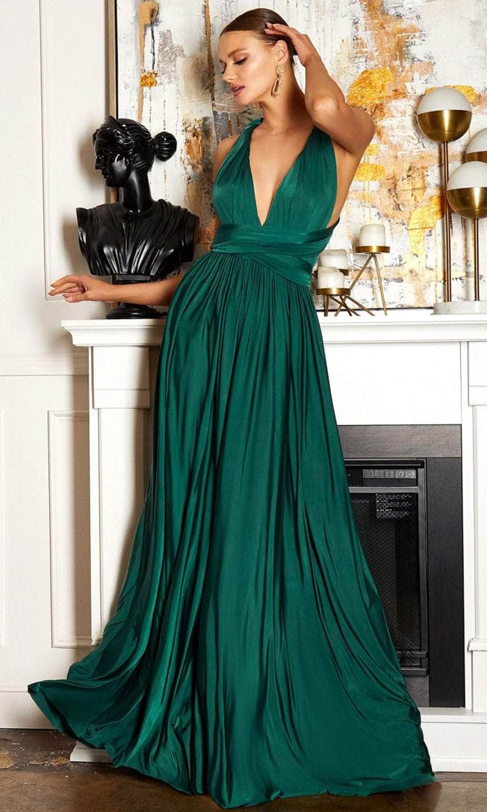 Cinderella Divine CV01 - Ruched V-Neck Evening Gown - back view