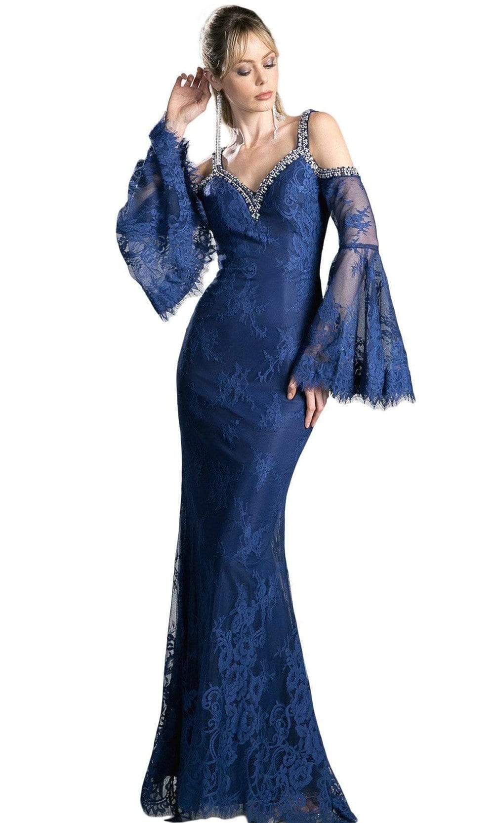 Cinderella Divine 13112 - Embellished Lace Long Bell Sleeve Sheath Dress - view 5