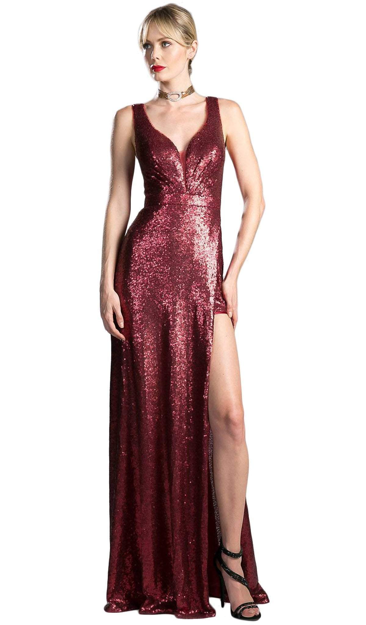 Cinderella Divine - Fitted V Neck Evening Dress with Slit - Silhouette Dresses