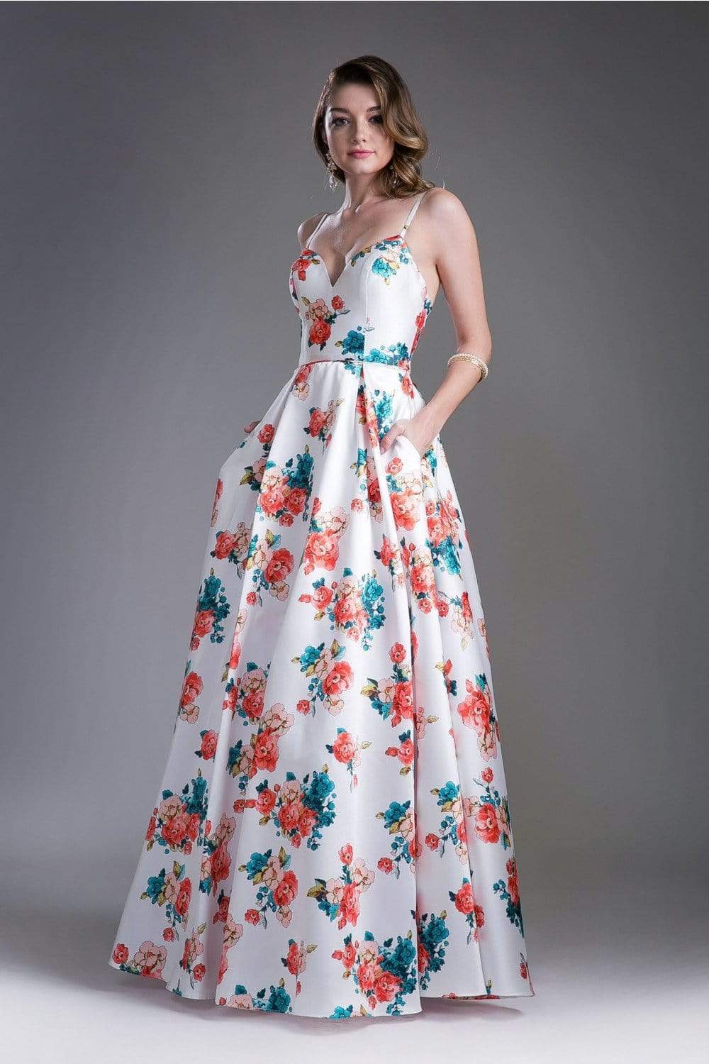 Cinderella Divine - Floral Sweetheart Pleated Evening Gown - detail view