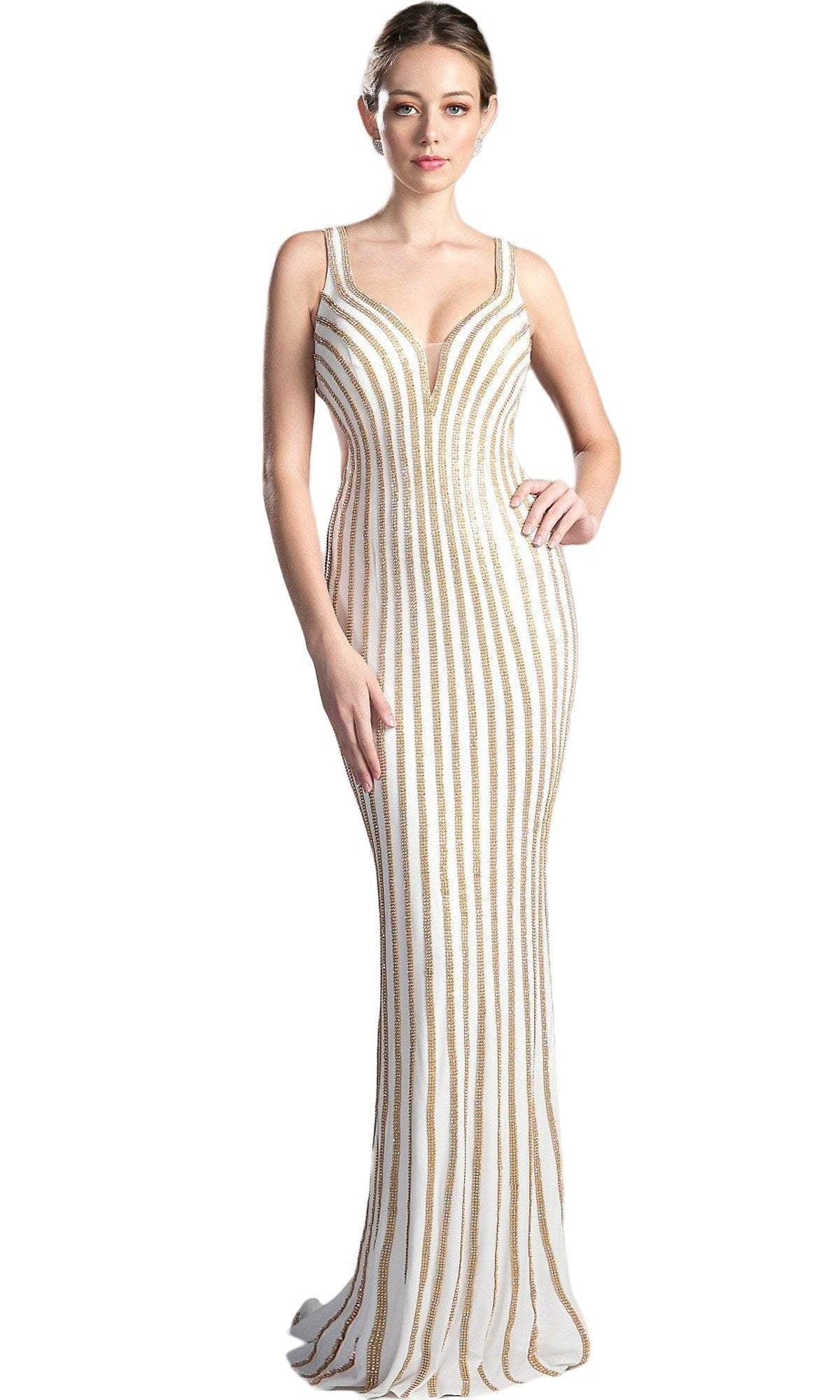 Cinderella Divine - Gold Beaded V-neck Sheath Prom Dress - designer prom dress at Silhouette Dresses