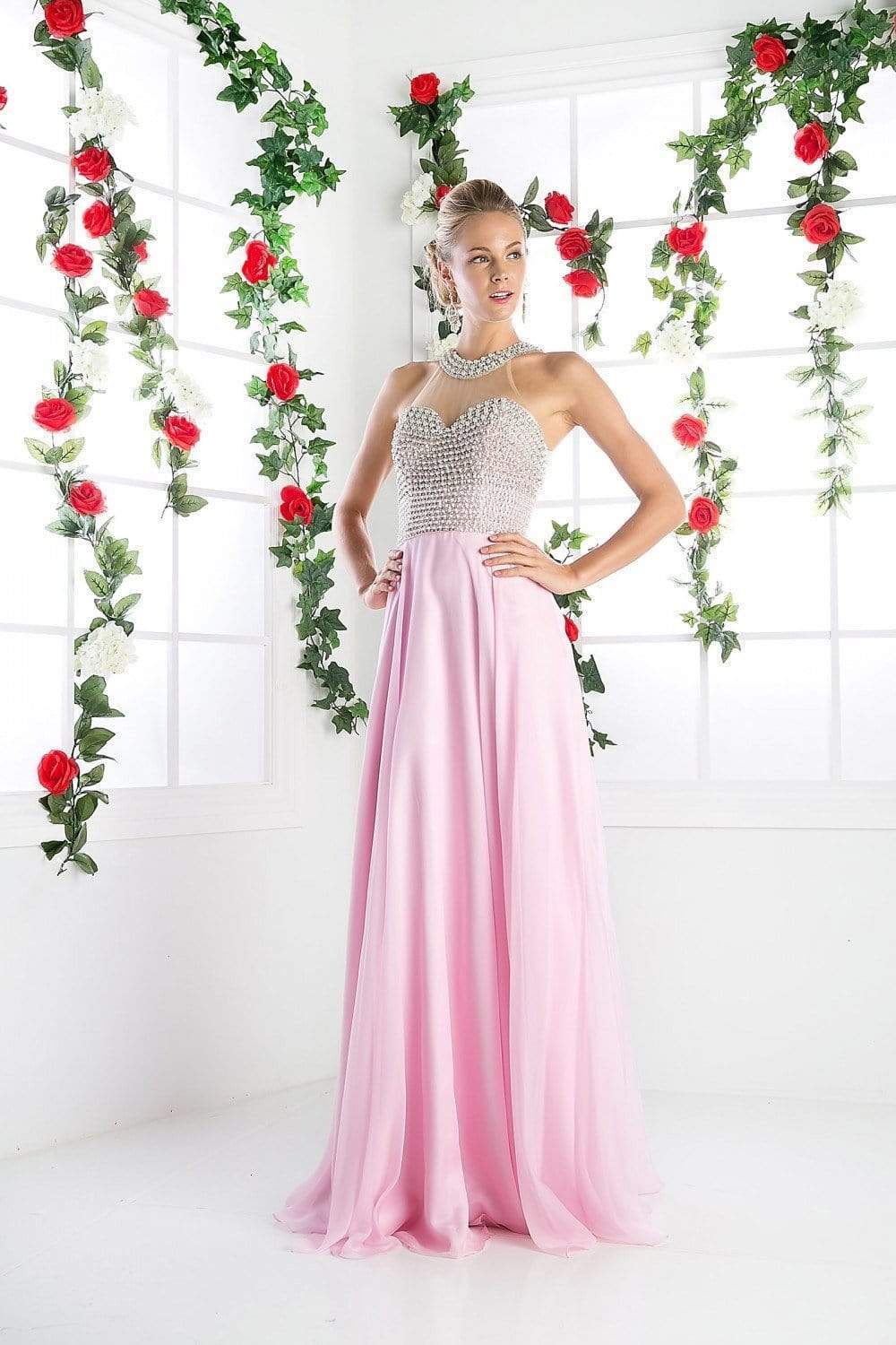 Cinderella Divine - High Halter Pearl Adorned Bodice Chiffon Gown - view 8