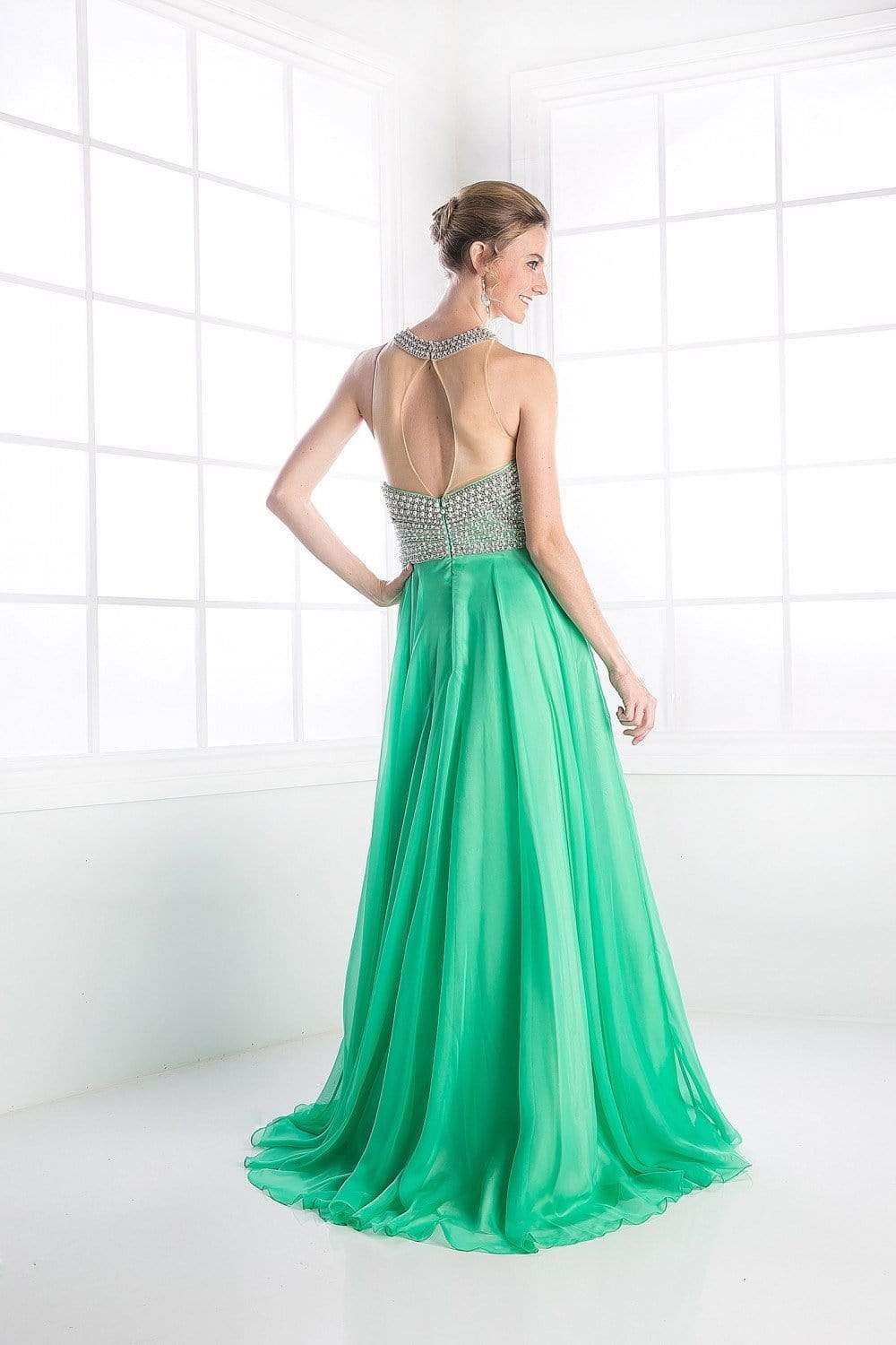 Cinderella Divine - High Halter Pearl Adorned Bodice Chiffon Gown - view 4