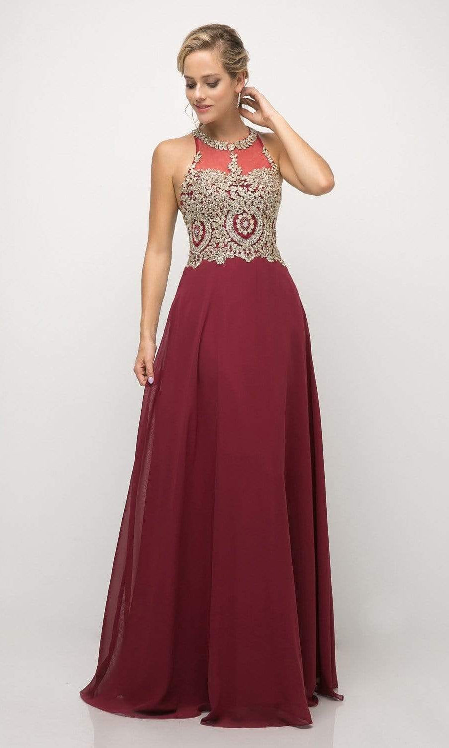 Cinderella Divine - Illusion Jewel Tonal Appliqued Long Evening Gown - detail view