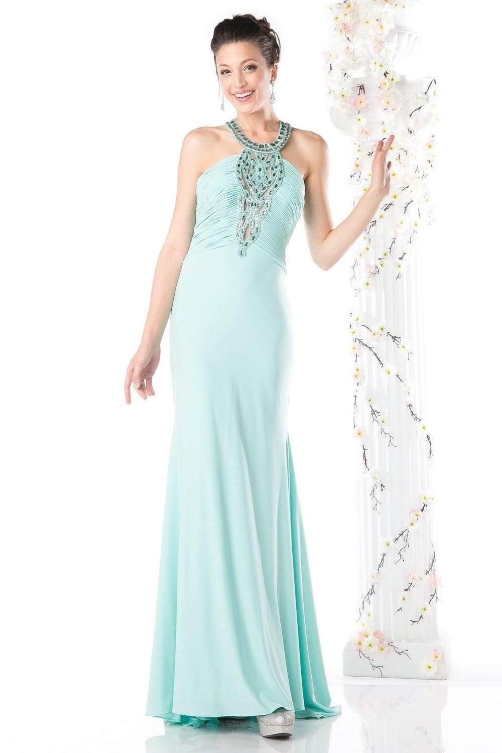 Cinderella Divine - J727 Beaded Halter Sateen Trumpet Dress - detail view