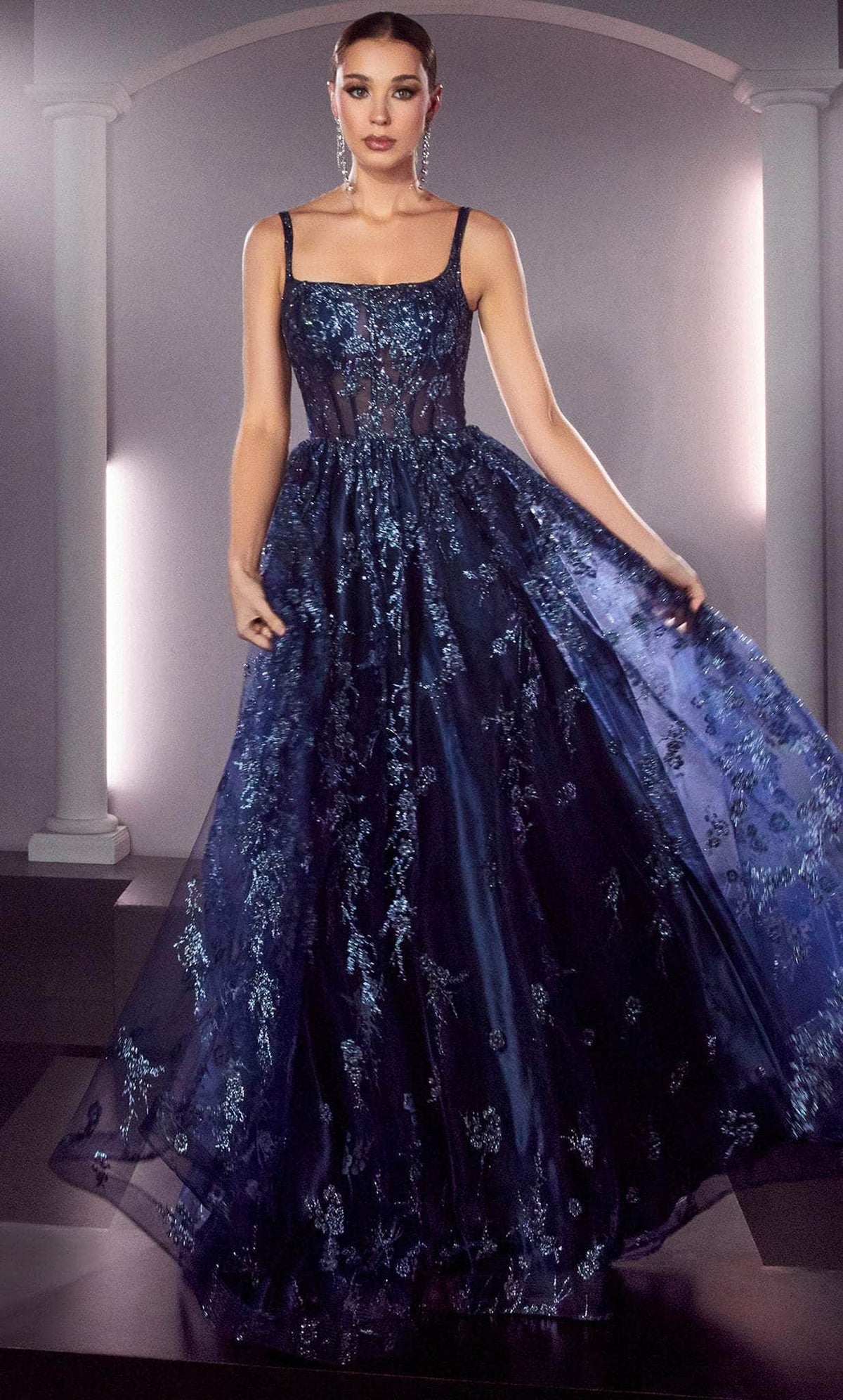 Cinderella Divine J840 - Glitter Prom Gown with Square Neckline - detail view