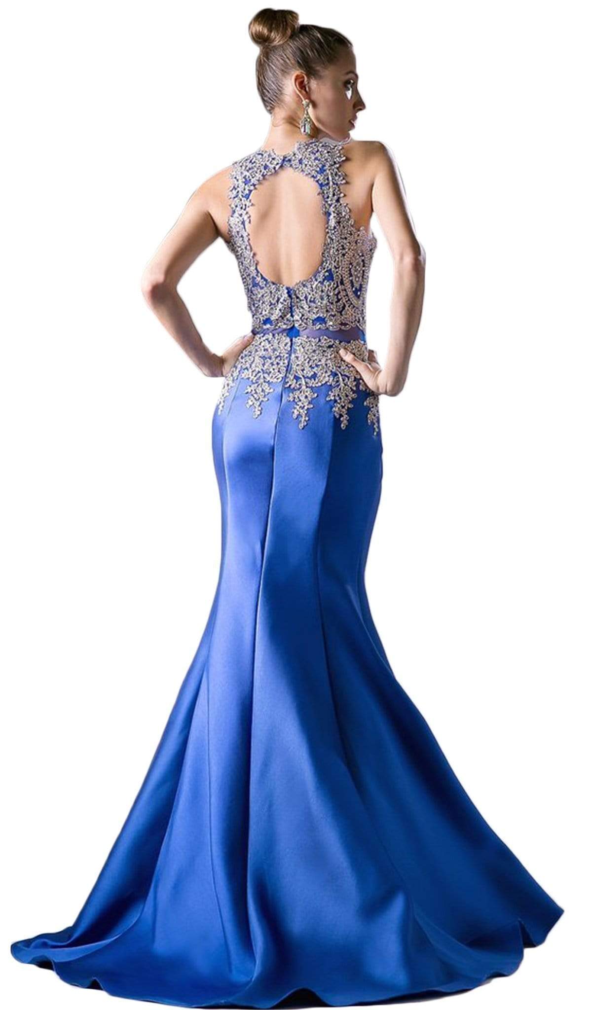 Cinderella Divine - Metallic Lace Adorned High Neck Mermaid Evening Gown - view 4
