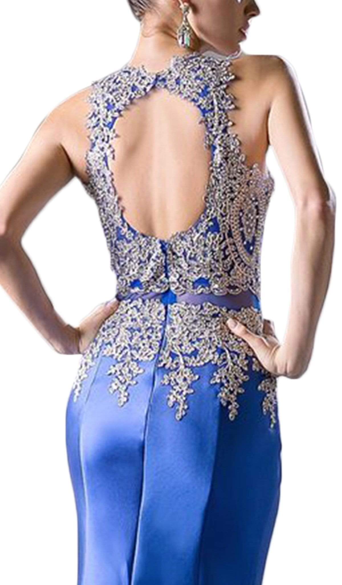 Cinderella Divine - Metallic Lace Adorned High Neck Mermaid Evening Gown - view 5