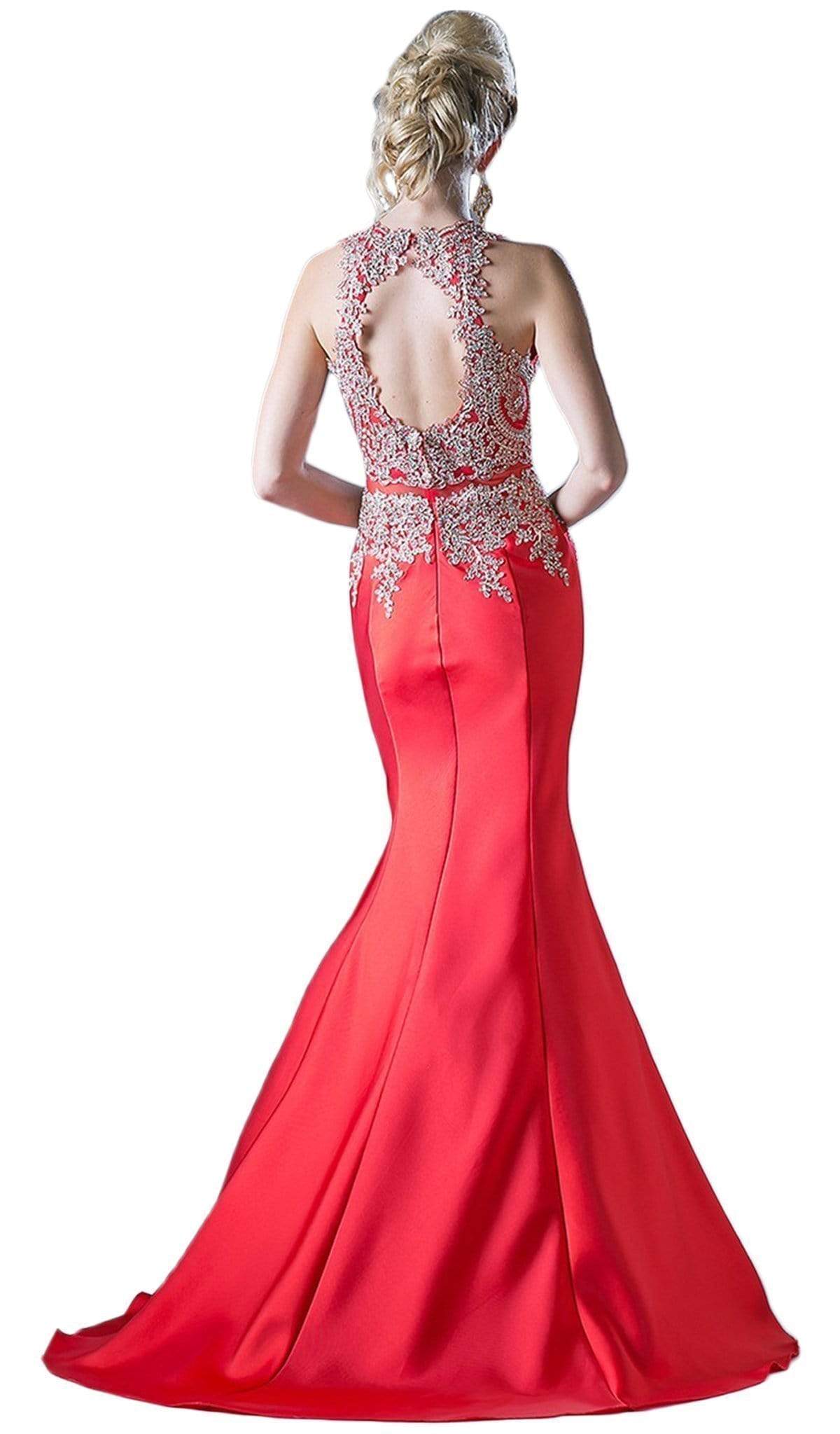 Cinderella Divine - Metallic Lace Adorned High Neck Mermaid Evening Gown - view 9