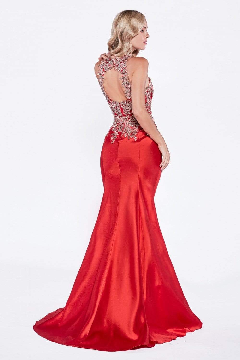 Cinderella Divine - Metallic Lace Adorned High Neck Mermaid Evening Gown - view 10
