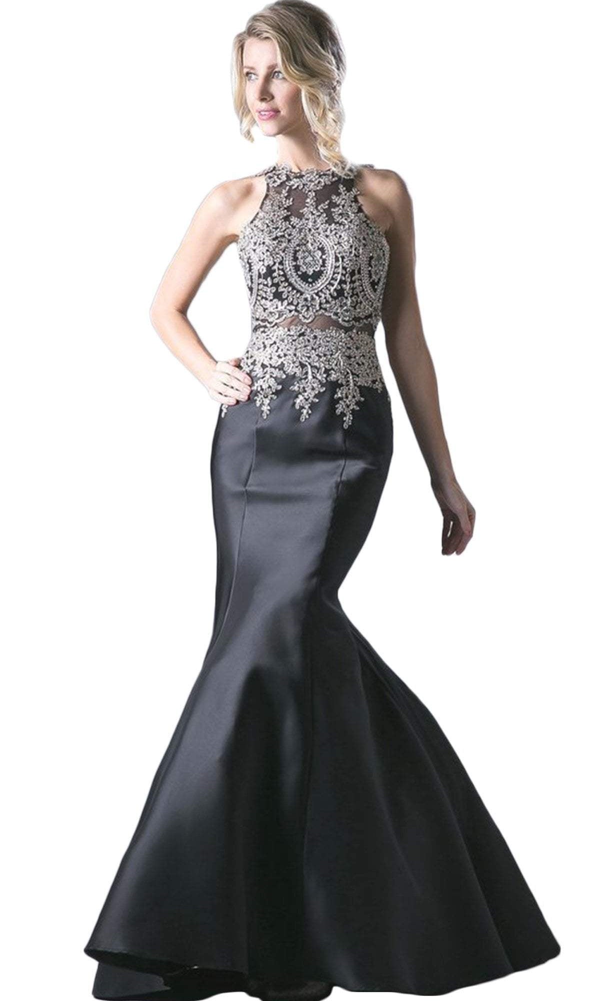 Cinderella Divine - Metallic Lace Adorned High Neck Mermaid Evening Gown - designer evening gown at Silhouette Dresses