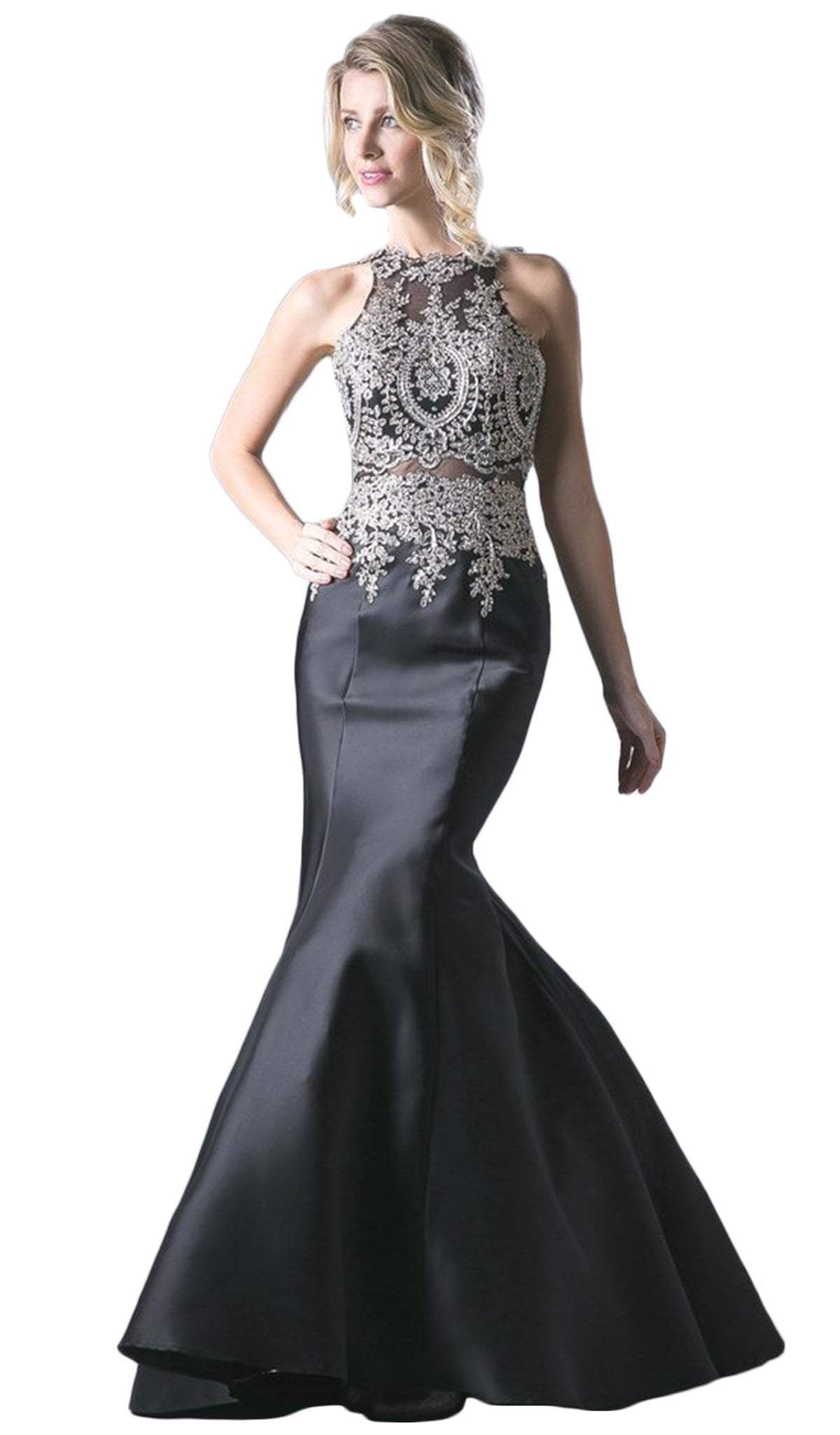 Cinderella Divine - Metallic Lace Adorned High Neck Mermaid Evening Gown - designer evening gown at Silhouette Dresses