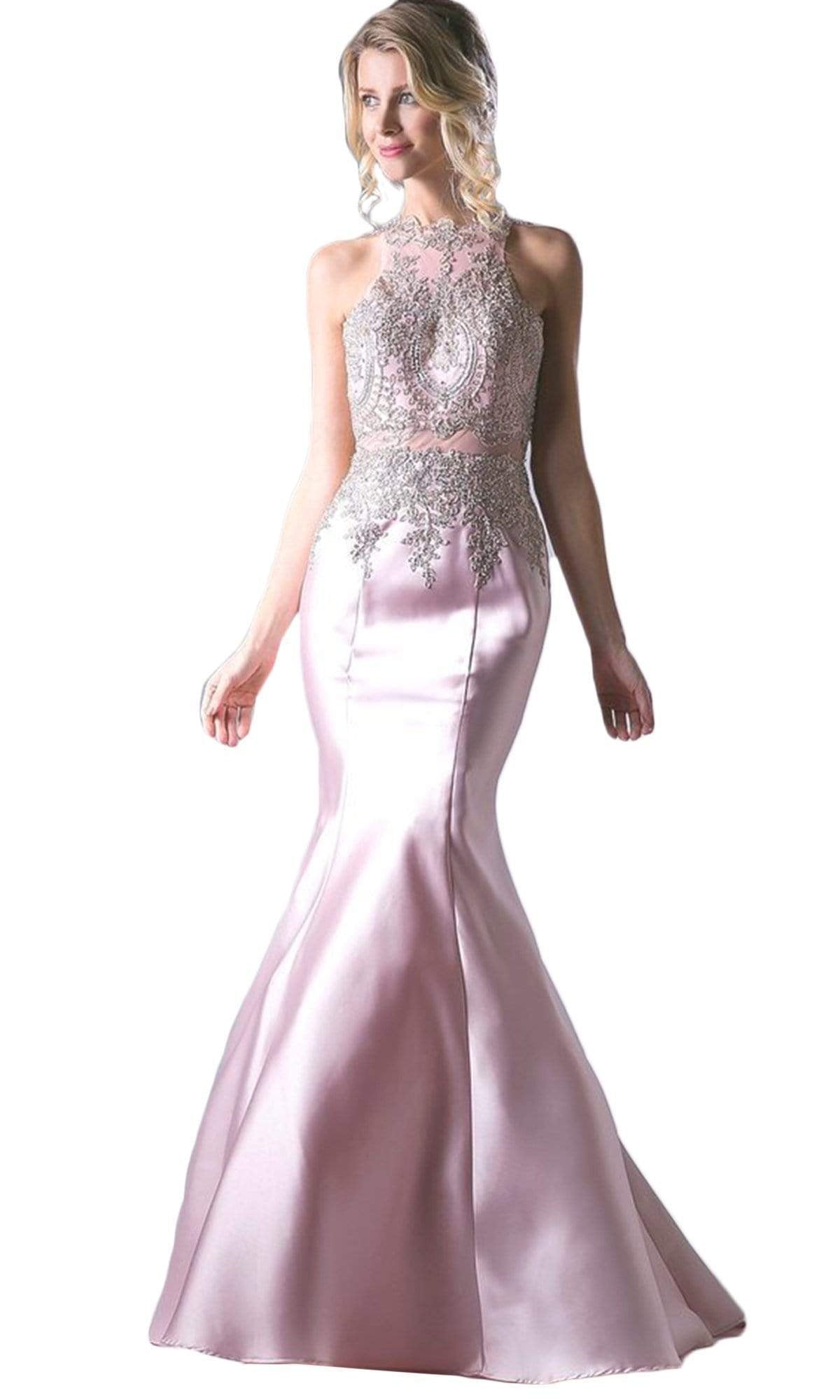 Cinderella Divine - Metallic Lace Adorned High Neck Mermaid Evening Gown - view 6