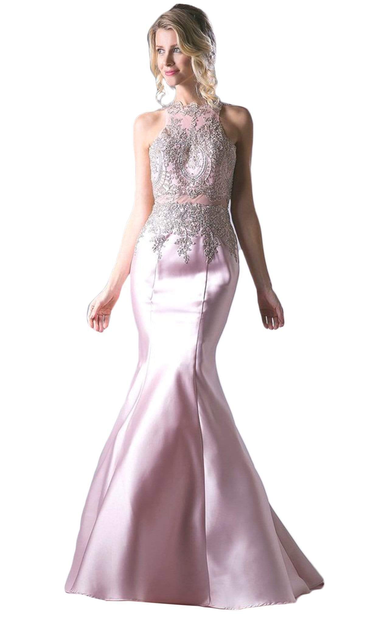Cinderella Divine - Metallic Lace Adorned High Neck Mermaid Evening Gown - view 6