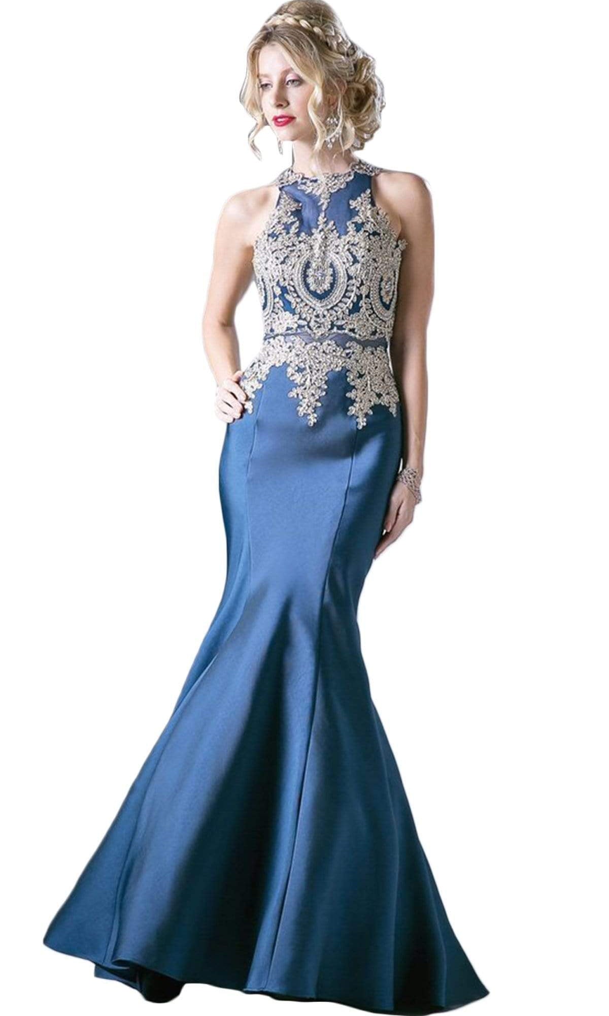 Cinderella Divine - Metallic Lace Adorned High Neck Mermaid Evening Gown - view 7