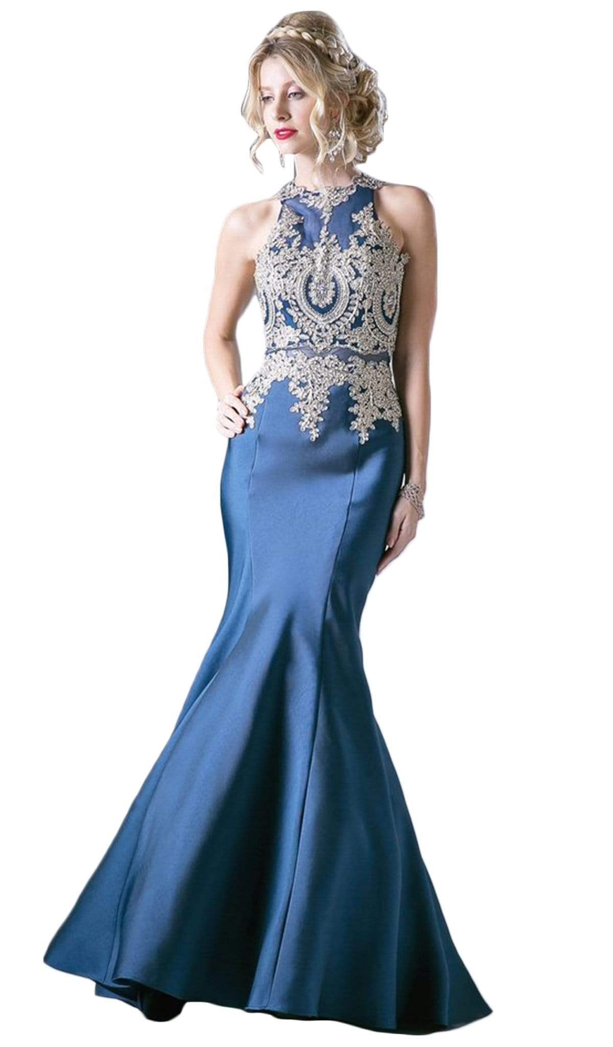 Cinderella Divine - Metallic Lace Adorned High Neck Mermaid Evening Gown - view 7