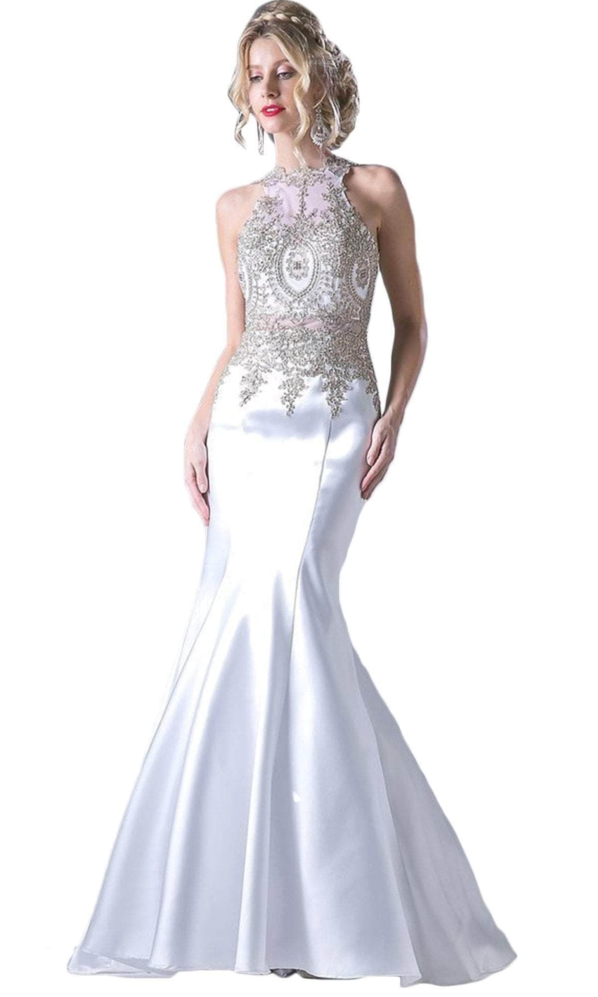 Cinderella Divine - Metallic Lace Adorned High Neck Mermaid Evening Gown - view 12