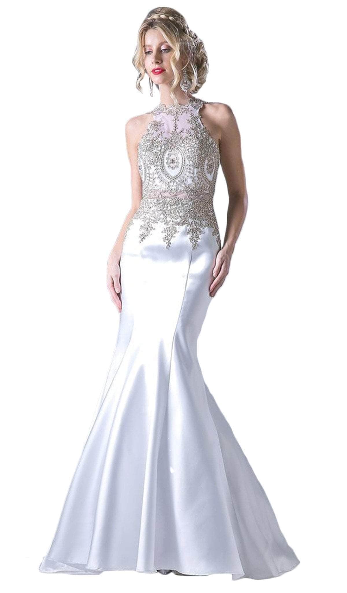 Cinderella Divine - Metallic Lace Adorned High Neck Mermaid Evening Gown - view 12
